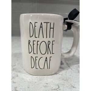 DEATH BEFORE DECAF Rae Dunn 19oz NEW Coffee Tea Mug Cup Funny White Black New!